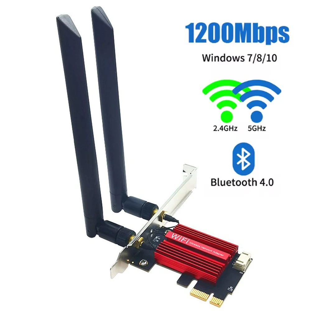 1200Mbps PCI-E Wireless Adapter Network Card Dual Band 2.4G/5GHz 802.11AC For Bluetooth 4.0 Desktop Laptop Windows 7/8/10/11