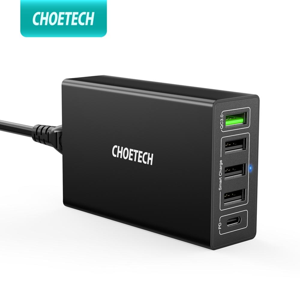 CHOETECH, Cargador USB de 5 puertos, 60W PD, multiestación de carga USB con acoplamiento Universal para teléfono móvil, pared de escritorio, enchufe para UE y Reino Unido