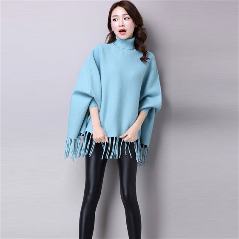 Otoño Invierno mujer Casual Pullover mujeres capa con borlas de punto capa suelta Boho Poncho capas chal suéter sólido abrigo A70: Azul
