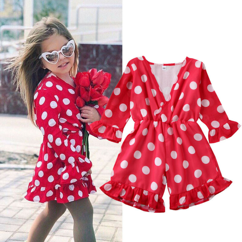 3-8 Years Toddler Kids Baby Girl Clothes Long Sleeve Romper For Girls Jumpsuit Red Polka Dot Playsuit Girls Overalls Outfits