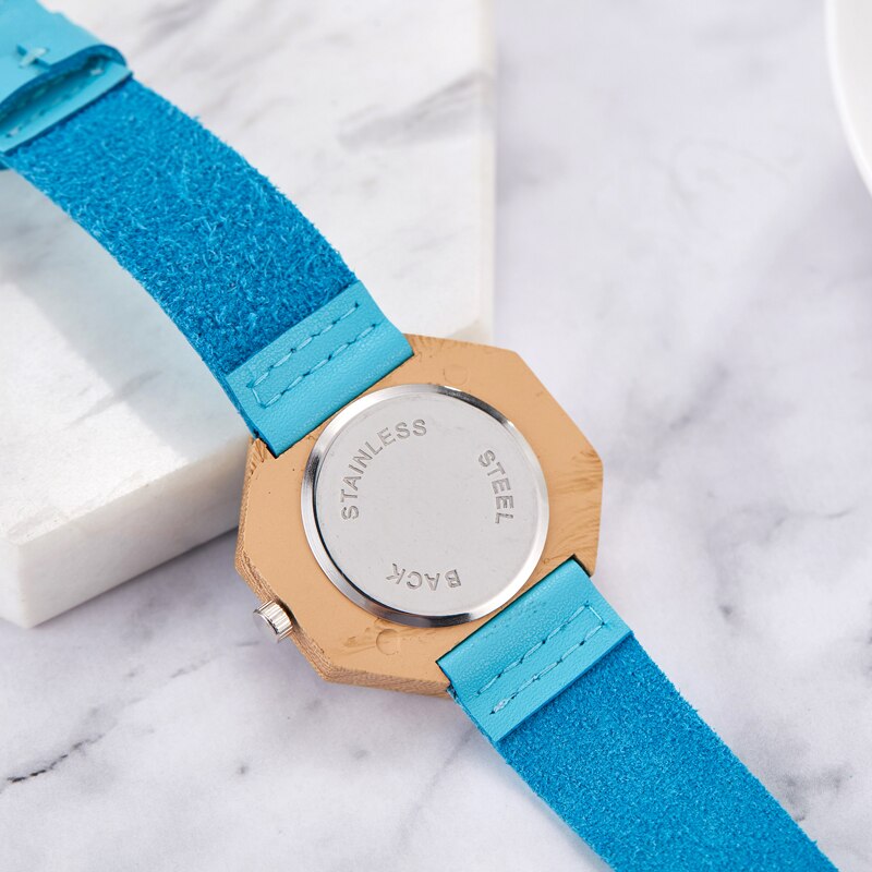 Imiteret træ kvarts ur mænd kvinder træ ure blå skive sekskant urkasse ure læder band par elsker håndled