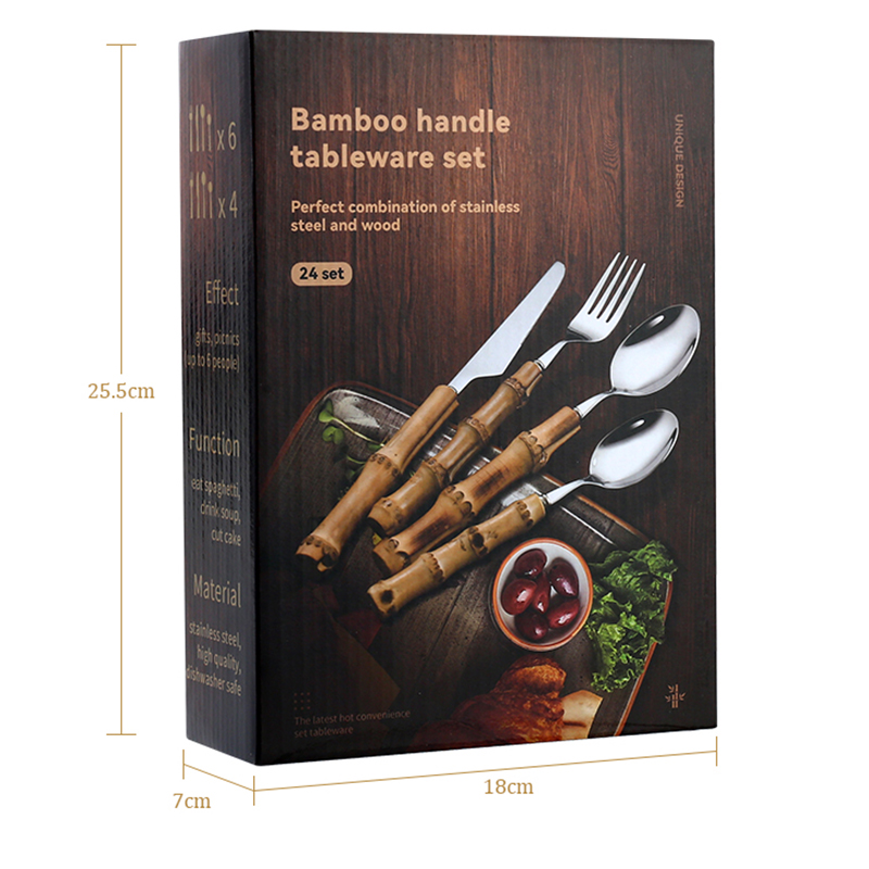 4-24Pcs Natural Bamboo Tableware Set Stainless Steel Includes Fork Knife Spoon Set Flatware With Box Dinnerware Cutlery Set