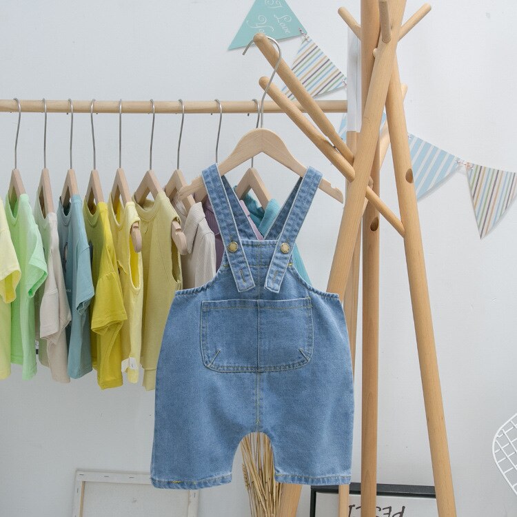 Baby kinderen overalls shorts casual koreaanse meisjes jumpsuit 1 2 3 4 5 jaar peuter jongens denim shorts grote zakken kind jeans: Lichtblauw / 24m