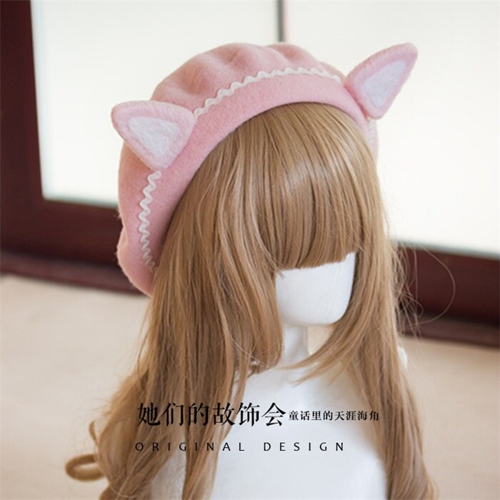 Mori Girl-boinas planas con orejas de gato para mujer, gorro de pintor de lana, Vintage, cálido, para Otoño e Invierno: 03