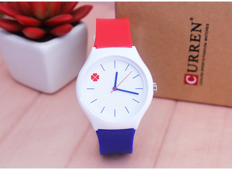 Nazeyt merk dameshorloge waterdicht quartzhorloge met klavertjevier wijzerplaat student kinderen jelly horloge dames siliconen polshorloge: Blauw rood