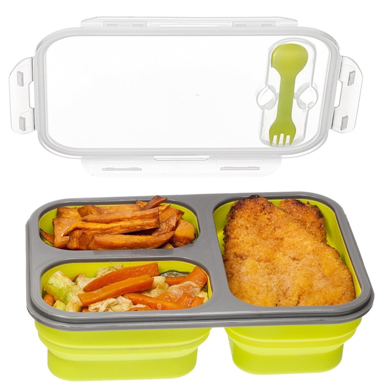 Compartment Food Container with Lid, Bento Lunch Box, Leak Proof, Microwave Safe, Silicone Collapsible Lunch Box