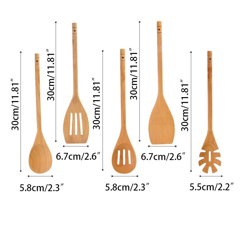Utensilios de cocina de madera de haya Natural, 30cm, herramientas de cocina, cuchara de madera, pala, servidor de espagueti, ranurado