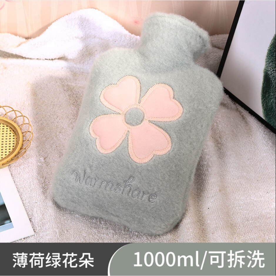 Śliczne studentki pluszowe termofory Home Decor wtrysk wody ciepły żołądek przeciwwybuchowy ciepły worek na wodę: Green Flower 1000ml