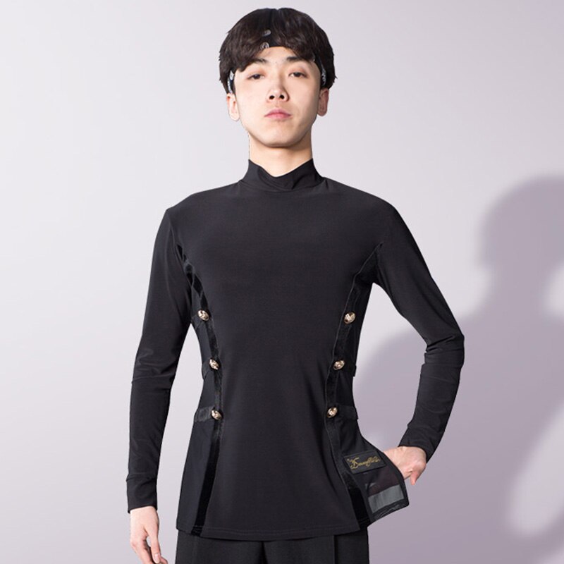 Latin Dance Shirts Men Black Long Sleeve High Collar Competition Performance Top Male Cha Cha Rumba Tango Samba Clothes DNV11737