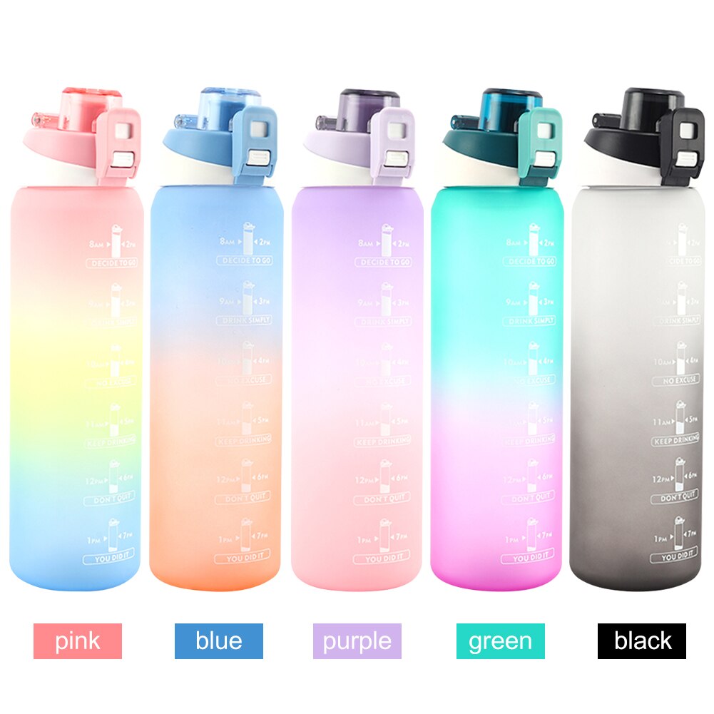 1000Ml Water Fles Draagbare Kleurrijke Bidon Tijd Marker Auto Open Lock Lekvrije Cup Gym Outdoor Fietsen school Ketel