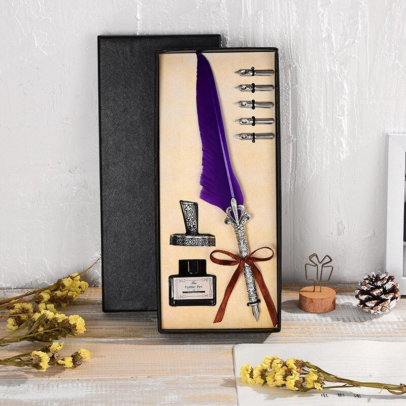 Vintage Antique Feather Dip Pen Metal Nibbed Ink Writing Quill Pen Retro Scrapbooking Feather Pen Set Birthday: 9