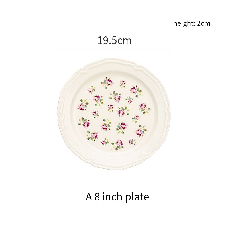 Ceramic Plate Set Dish Plate Bowl Set Dining Table Tableware Plate European Retro Rose Print Steak Dessert Fruit Dinnerware Set: A 8inch plate