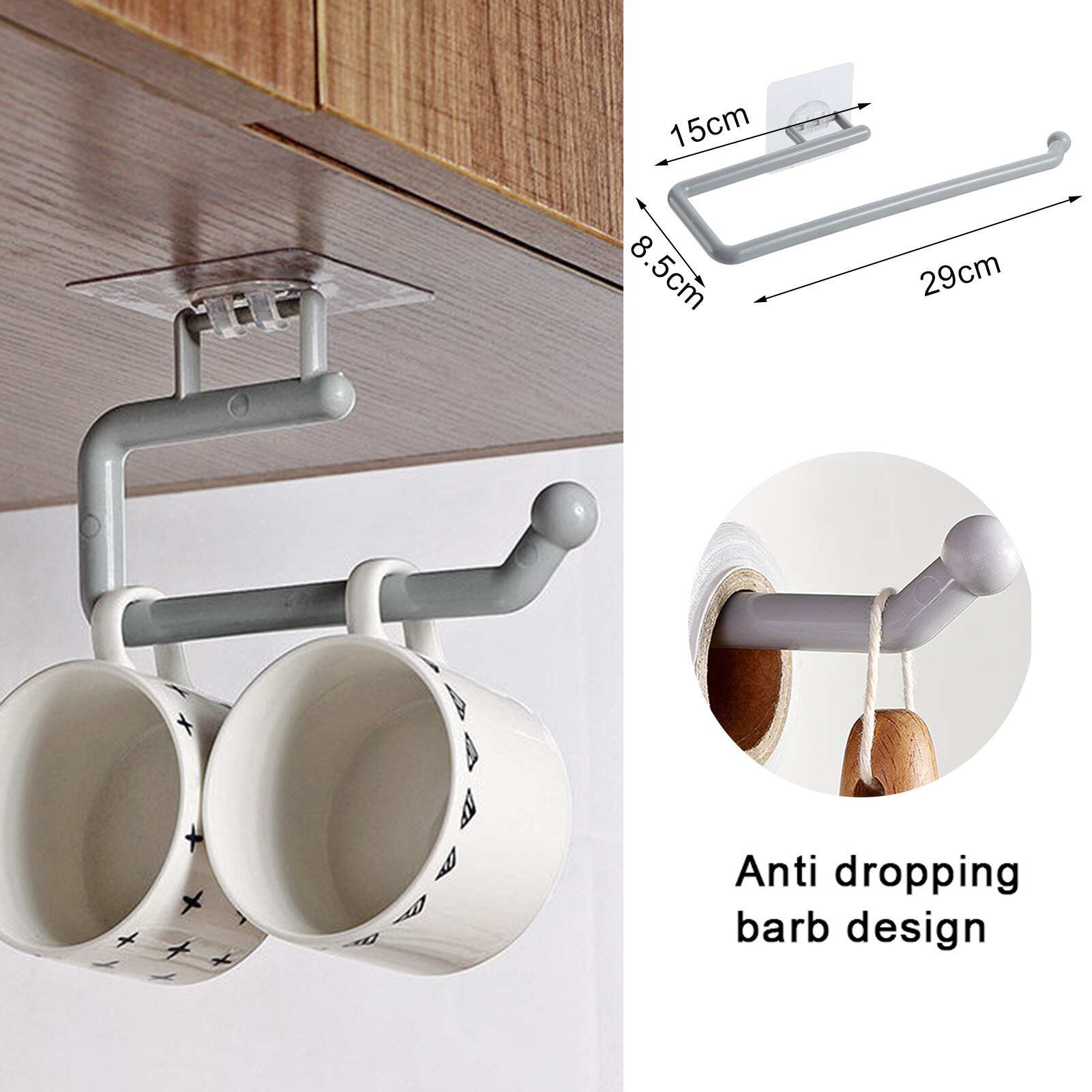 Køkkenpapirrulleholder håndklædeholder rack barskab rag hængende holder badeværelse arrangør hylde toiletpapirholdere: Stor grå