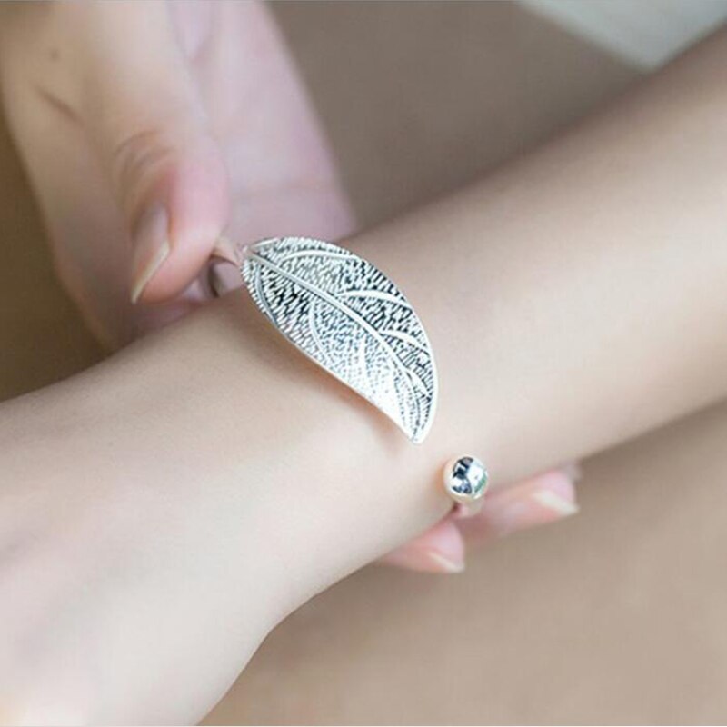 Jisensp Bohemia Big Leaf Bangle Silver Color Leaves Cuff Bracelets & Bangles for Women Everyday Jewelry pulseiras