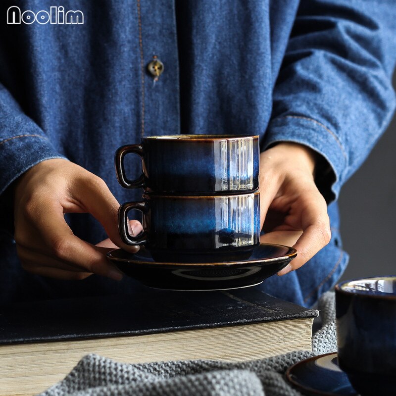 Ceramic Deep Blue Coffee Cup Saucer Set Breakfast Afternoon Tea Cup Set Antique Coffee Cup