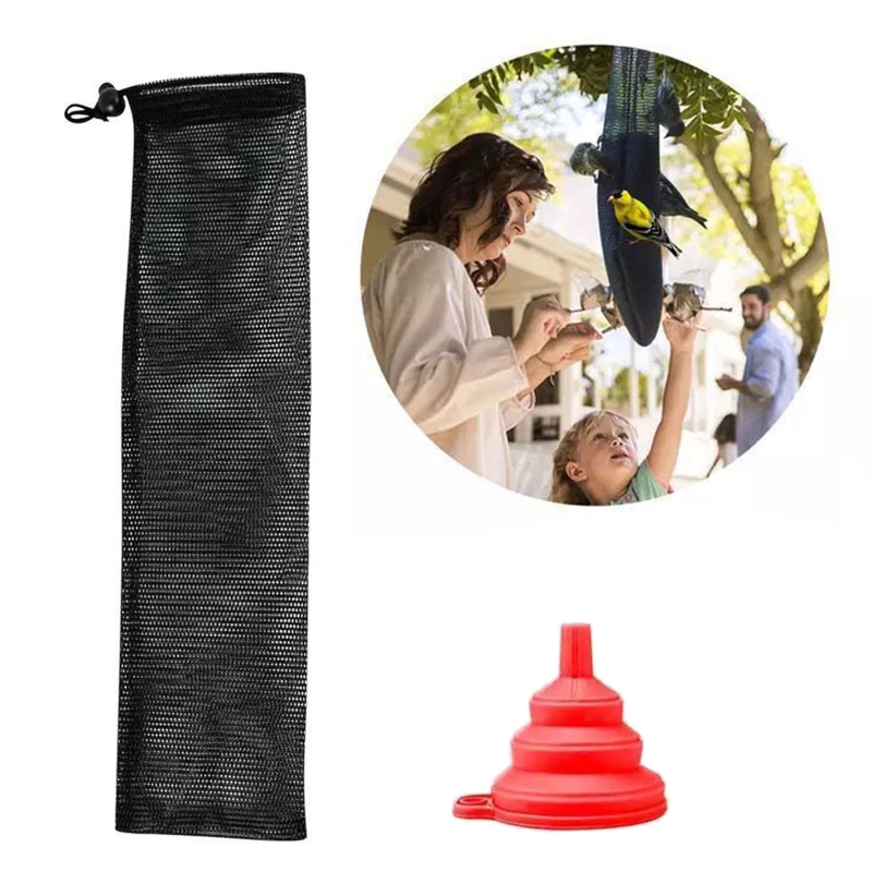 Alimentador de calcetines para aves, alimentadores de semillas de cardo, bolsas grandes de malla para pinzones, alimentación exterior de aves salvajes con embudo de comida plegable