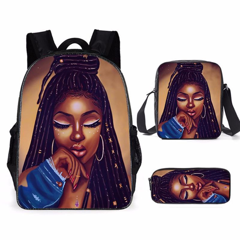 Afrikanische Mädchen 3 teile/satz Rucksack 3D Druck Schule Schüler Bookbag Reise Laptop Daypack Schulter Tasche Bleistift fallen: 7-A