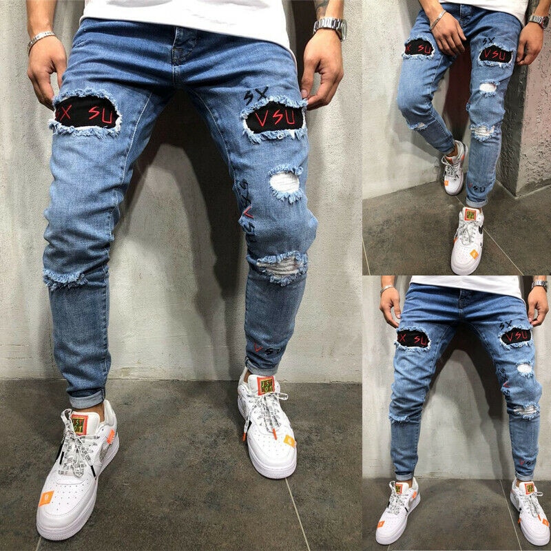 Men Ripped Skinny Jeans Stretchy Destroyed Frayed Slim Fit Denim Jeans Men Male Biker Embroidery Holes Taped Jean Trousers