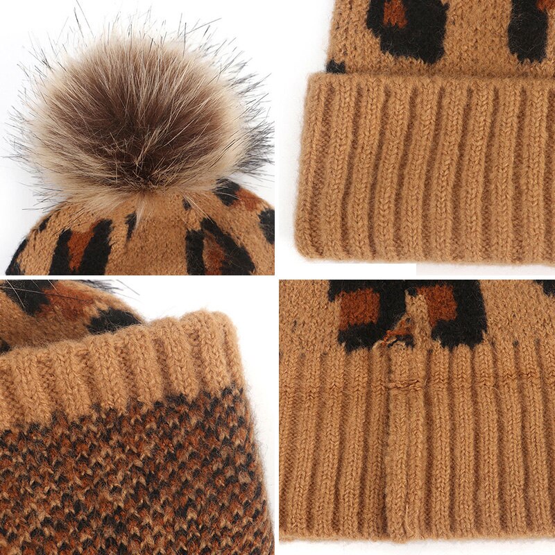 Pompom baby hatt leopard tryckt barn flicka pojke höst vinter mössa mössa mjuk stickad varma barn småbarn mössor keps
