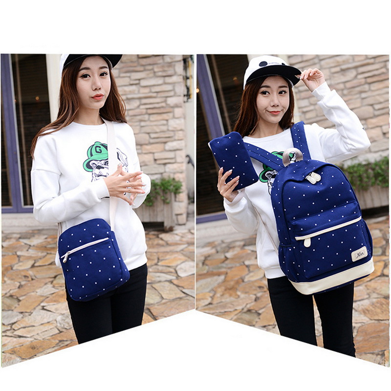 DIHOPE 3pcs/Set Dot Canvas Printing Backpack Women School Back Bags For Teenage Travel Backpacks Female Schoolbag