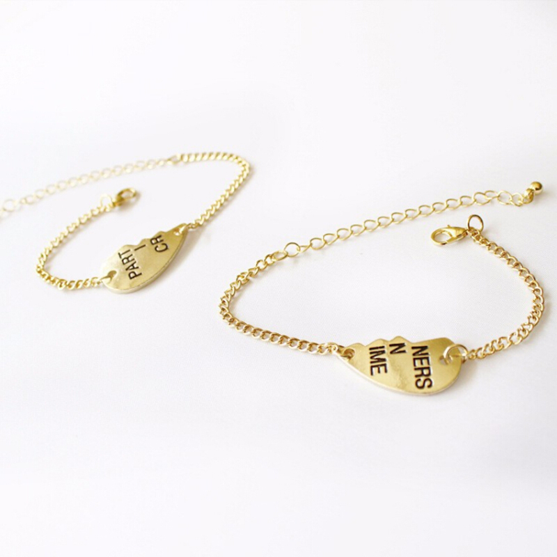 1Pair Gold color Best Friends BFF Forever Partners In Crime Valentine Split Heart Pendant Bracelet Set