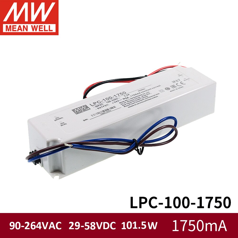 Meanwell LPC-100 Waterdichte Led Driver Enkele Output Voeding 90-264VAC 100 W 350mA 500mA 700mA 1050mA 1400mA 1750mA 2100mA