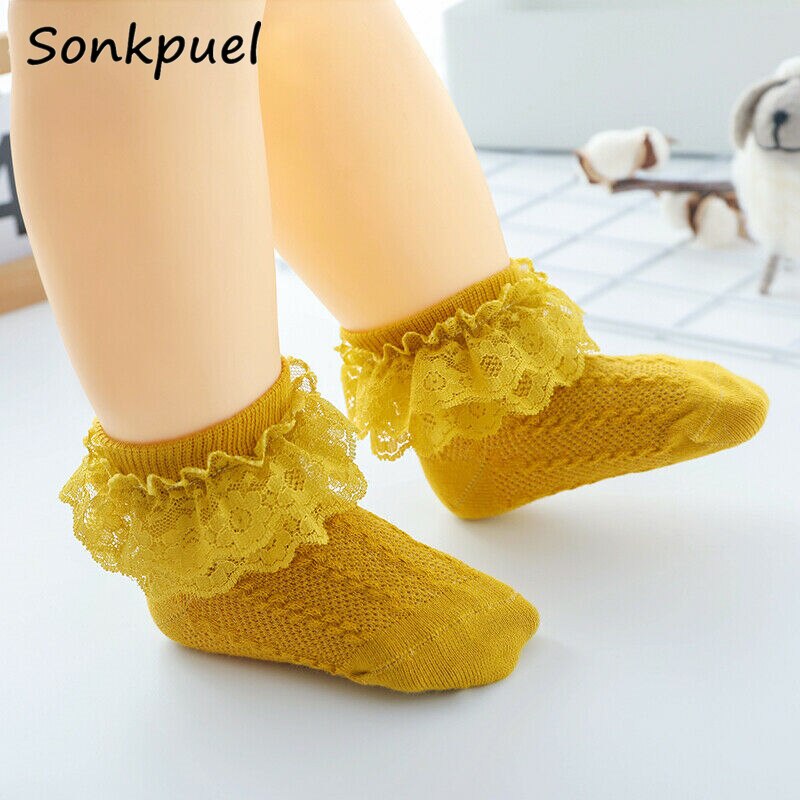 Baby Meisje Sokken Ademend Katoen Kant Ruche Prinses Mesh Sokken Kinderen Enkel Korte Sok Wit Roze Geel Meisjes Kids Peuter