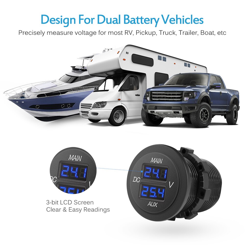 thumbnail image 2 of MICTUNING Dual Voltmeter Panel - 10-60V LED Digital Voltage Monitor For Car, RV, Truck Dual Battery Systems - Blue Display 2 of 7