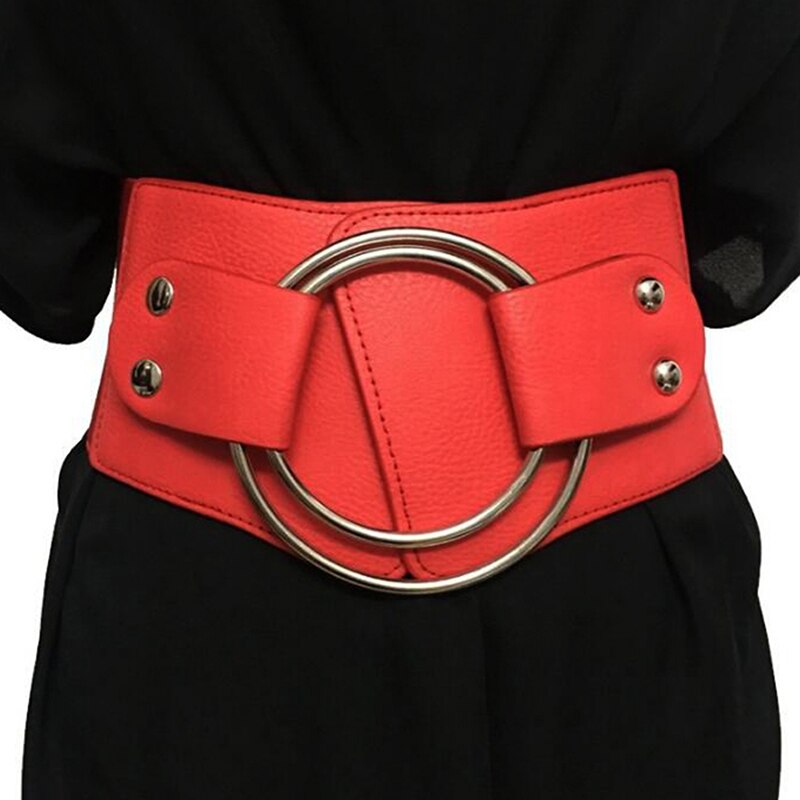 Vintage Wide Waist Elastic Belts For Women Stretchy Corset Waistband Hollow Metal Big Ring Women's Belt Exaggerate Cummerbund: red