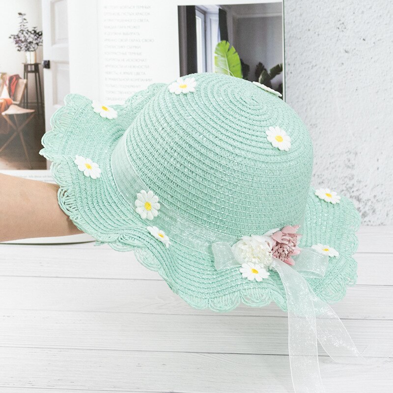 Los niños chica listón con flores sombrero hongo de paja sombreros de Sol para niños de primavera y verano con volantes con ala playa gorra para el sol sombreros: Lake Green