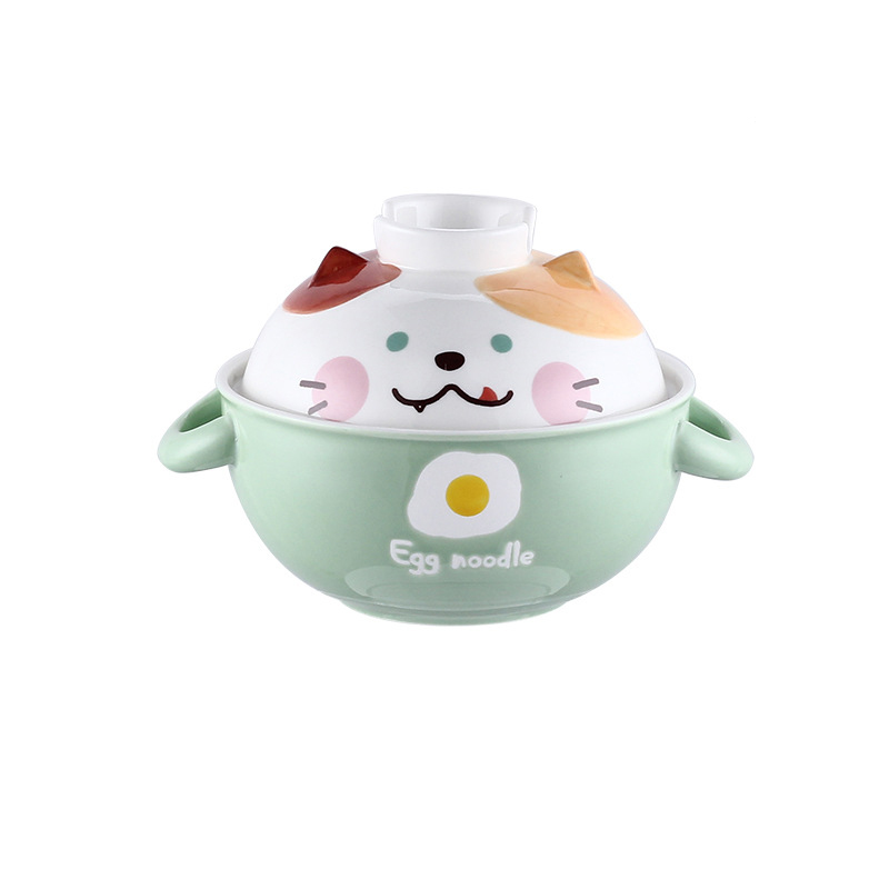 Bol à nouilles instantanées en céramique avec couvercle, cochon mignon Panda Ramen chat Kawaii grand bol à salade soupe aux fruits bol de cuisine, vaisselle: Green