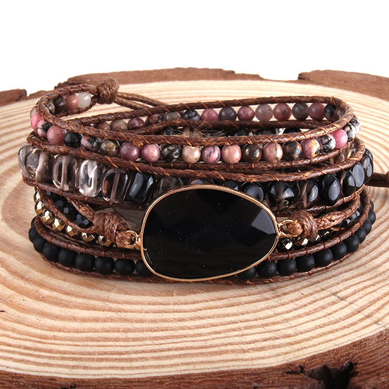 RH Boho Bracelet &amp; Beaded Armbander Black Natural Stones Charm Woven Wrap Bracelets