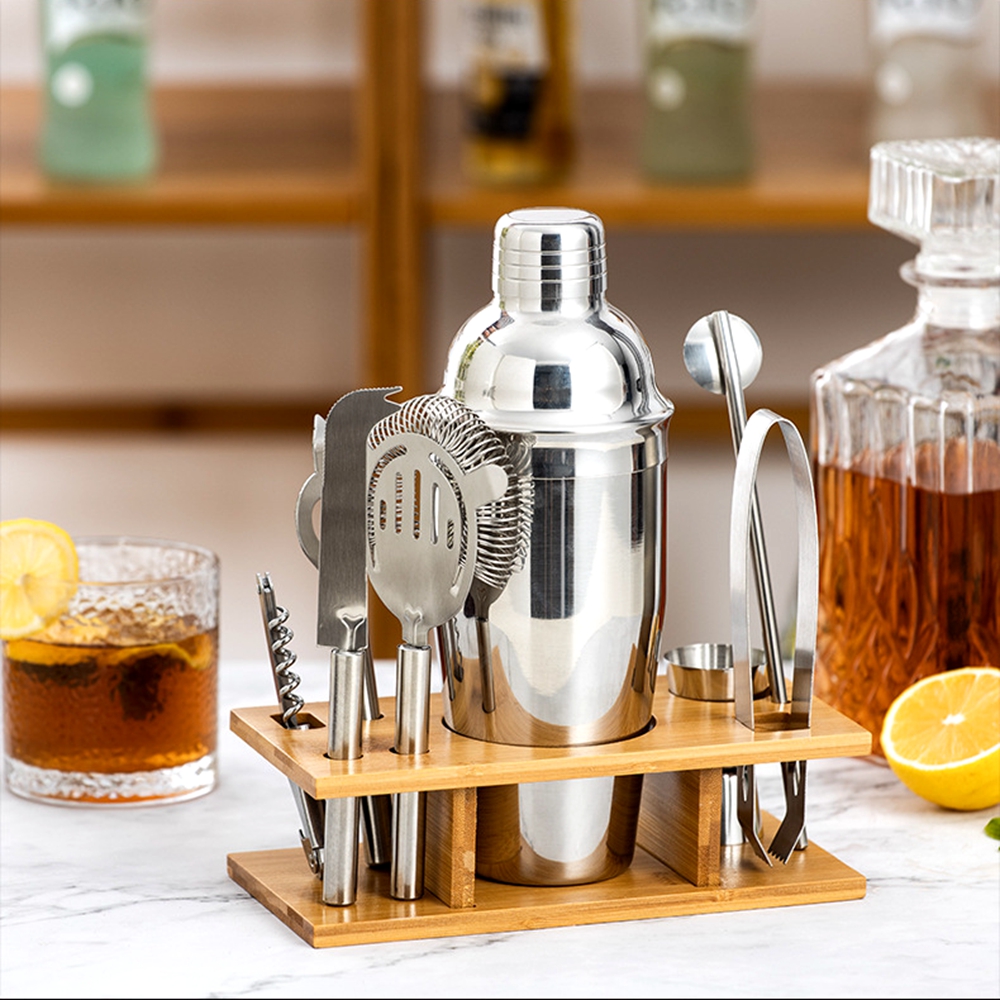 Stainless Steel Bar Cocktail Shaker Set Bartender Kit Barware Bar Sets Home Drink Party Accessories with Bamboo Stand 9 Piece