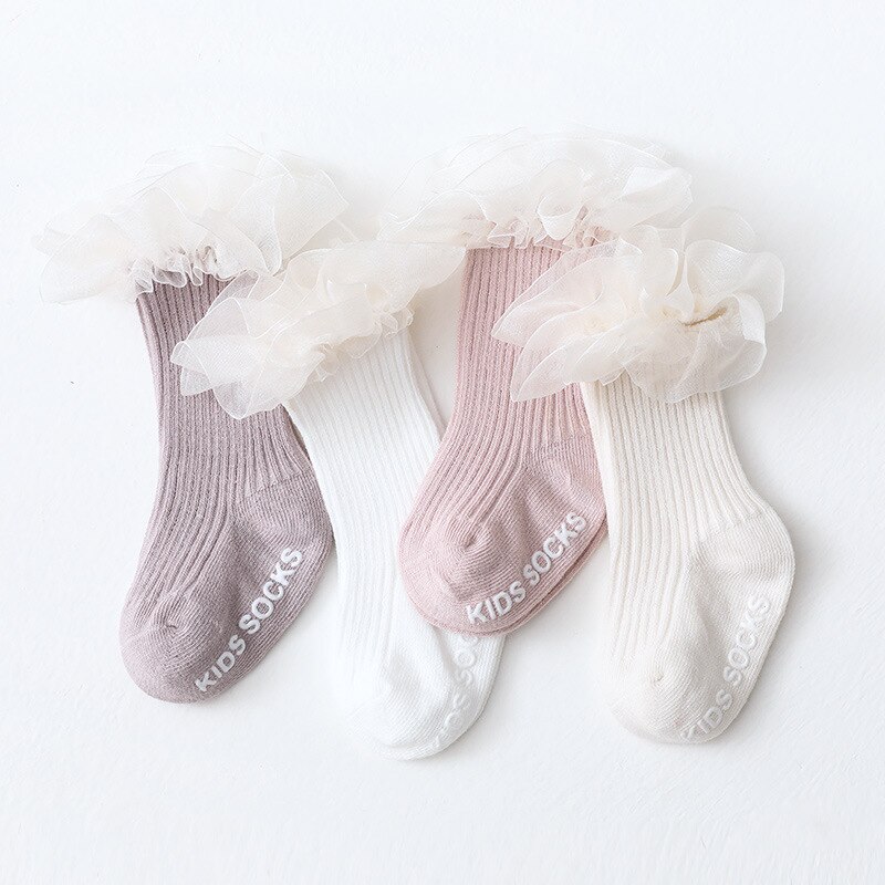 Newborn Baby Socks Infant Kids Knee High Ruffle Girls Sock Toddler Anti Slip Cotton Infant Long Frilly Lace Socks for 0-3Years