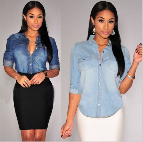 retro Frauen Damen lässig Blau Jean Denim Hemd Bluse Lange Hülse Drehen-unten kragen Spitzen Bluse