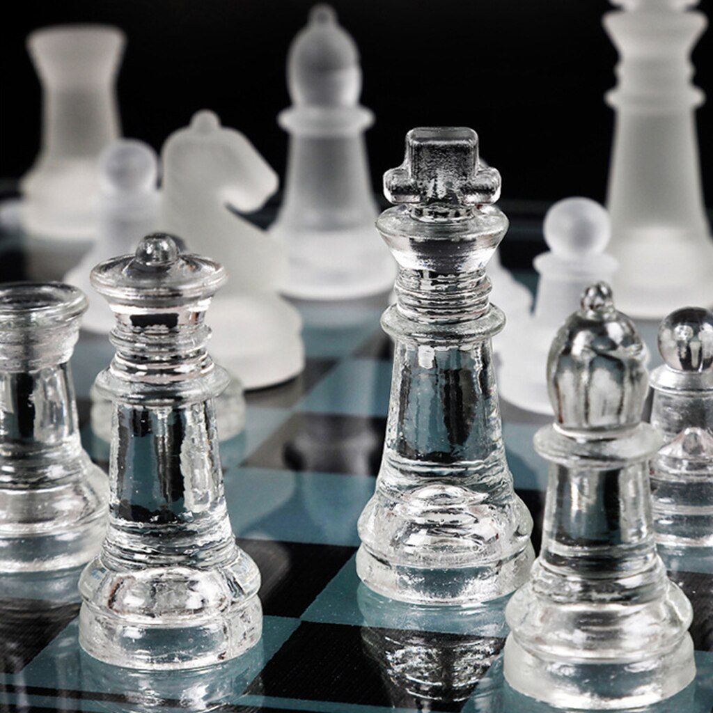Exquisite Glass Chess Game Set, Solid Glass Chess Pieces and Crystal Mirror Chess Board for Young Adults