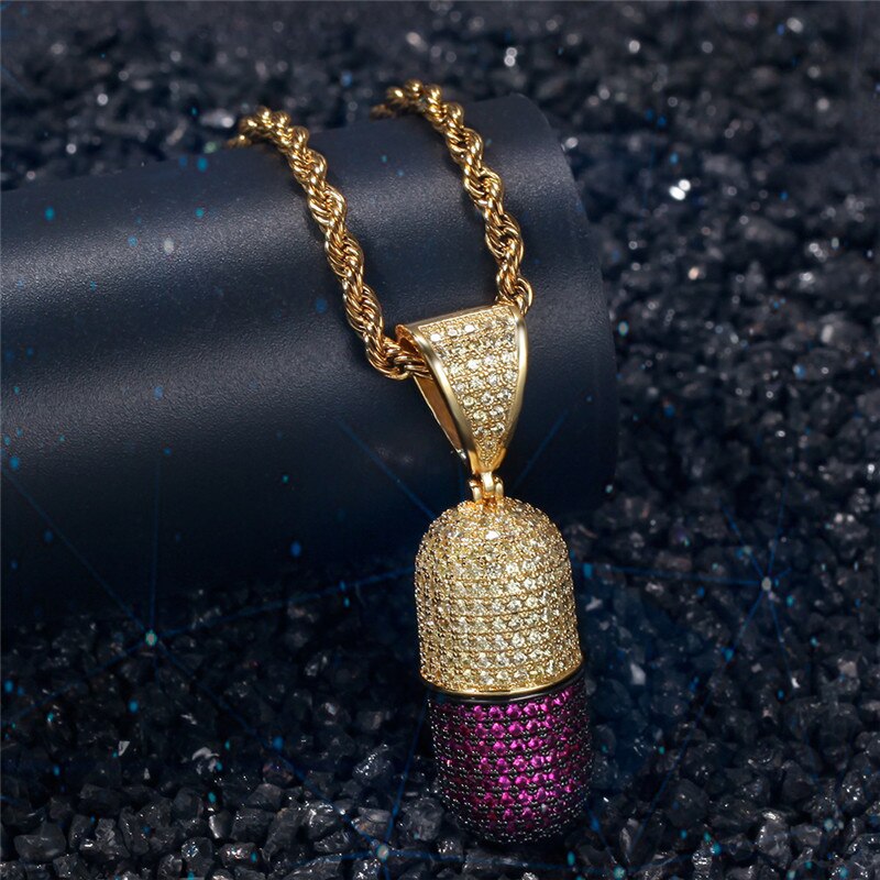 Pieno Zircone Cubico penna Della Capsula Della Pillola Pendenti con Gemme E Perle Collana di anca salto Bling Ghiacciato Fuori Rame medaglione Rapper Gioielli Staccabile Regalo