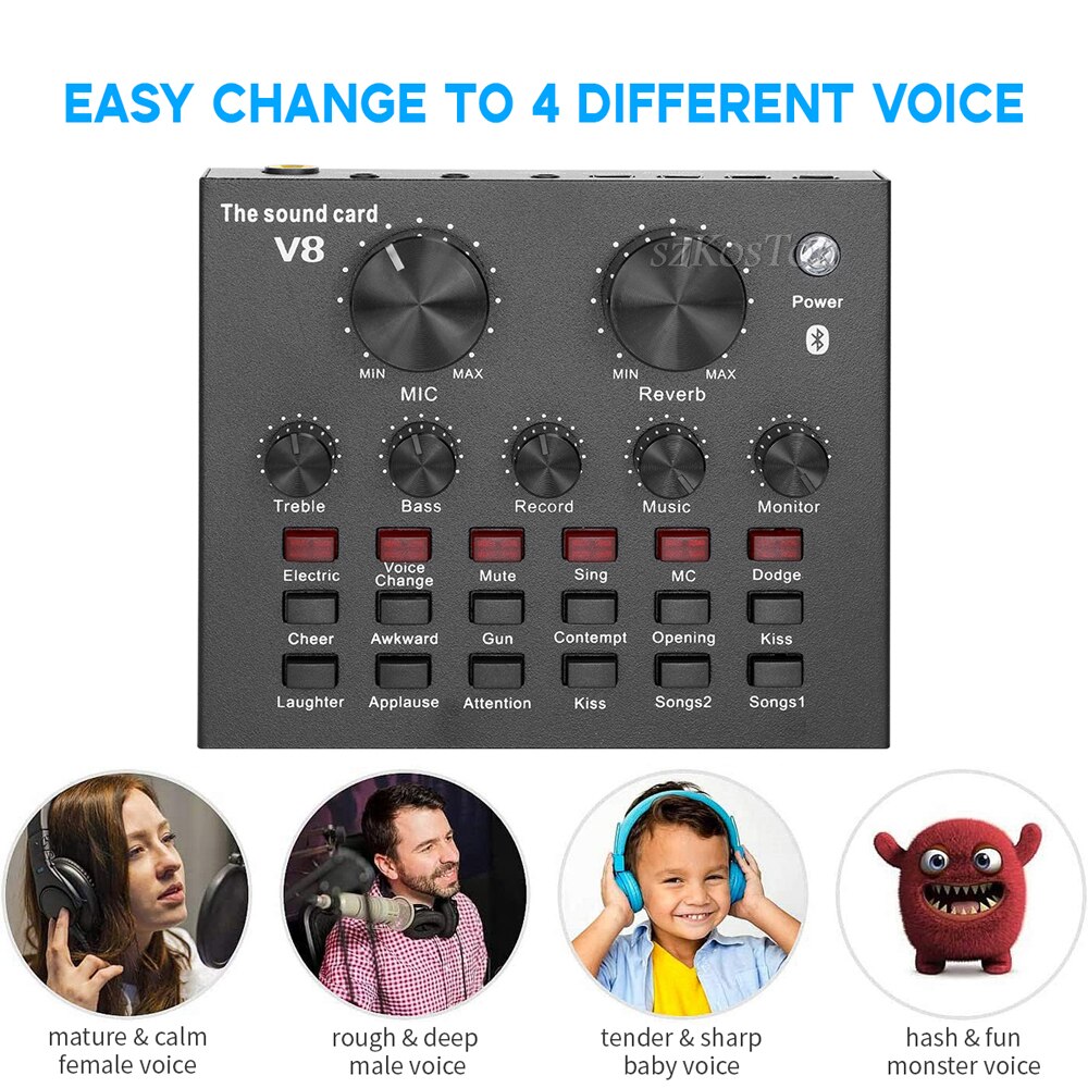 Recording Mixer V8 Sound Card With Bluetooth Audio Interface Mixing Console Studio Phantom Power For PC Microphone