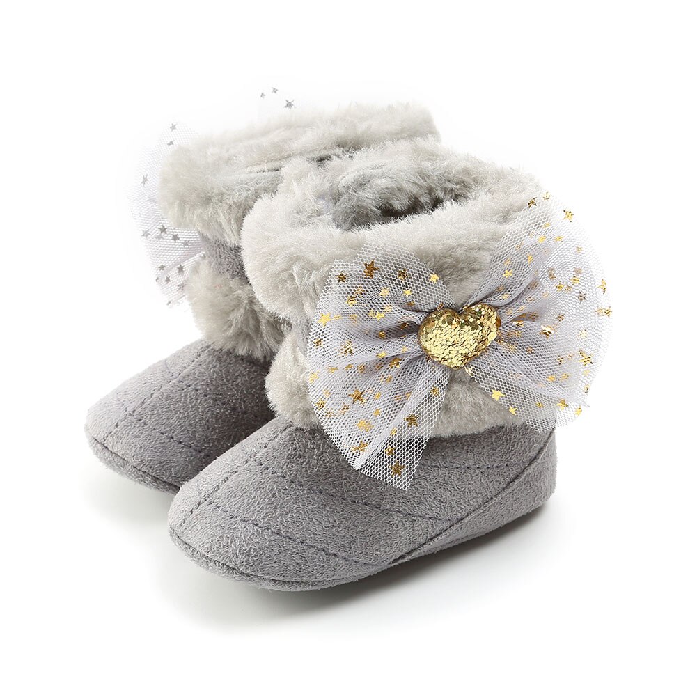 Sneeuwlaarzen voor babymeisjes, zachte zool, antislip, comfortabele voering van imitatiebont, enkellaarsjes met schattige strik van tule