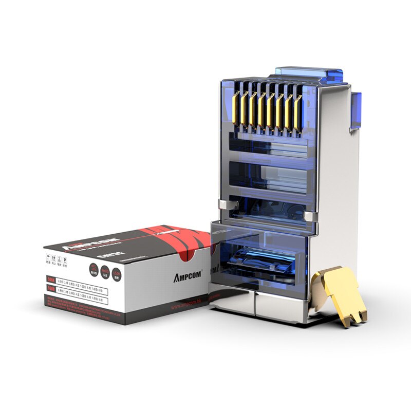 AMPCOM CAT5e Shielded RJ45 Modular Plug Connector 8P8C Crimp End Ethernet Cable Ethernet Connector Gold-Plated 50U: Blue / 50PCS