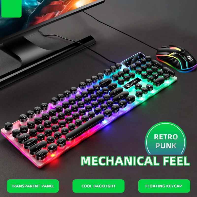 Mechanica Keyboard and Mouse Set Wired Colorful Backlit 104 Keys Gaming Punk Retro Keyboard Mouse For Computer Laptop Pro Gamer