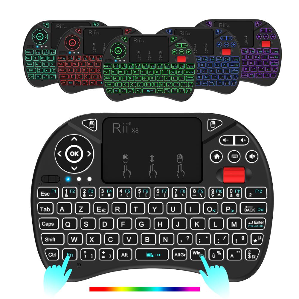 Originele Rii X8 2.4 Ghz Azerty Mini Franse Draadloze Toetsenbord Met Touchpad, Veranderlijke Kleur Led Backlit, Li-Ion Batterij