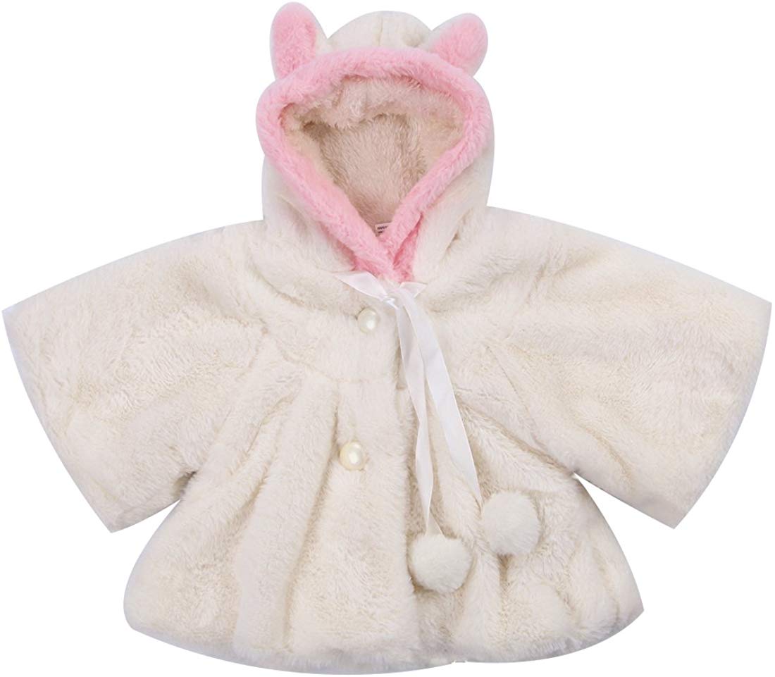 Vinter baby pigetøj imiteret pels fleece uld blandinger frakke festdag varm jakke juledragt baby hætte overtøj: Hvid / 0-10 måneder