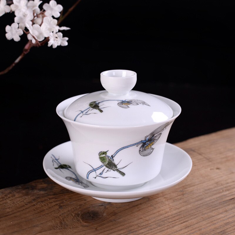 Gaiwan – ensemble de bols à thé chinois en céramique, porcelaine bleue et blanche peinte à la main, couvert avec couvercle, soucoupe: 04