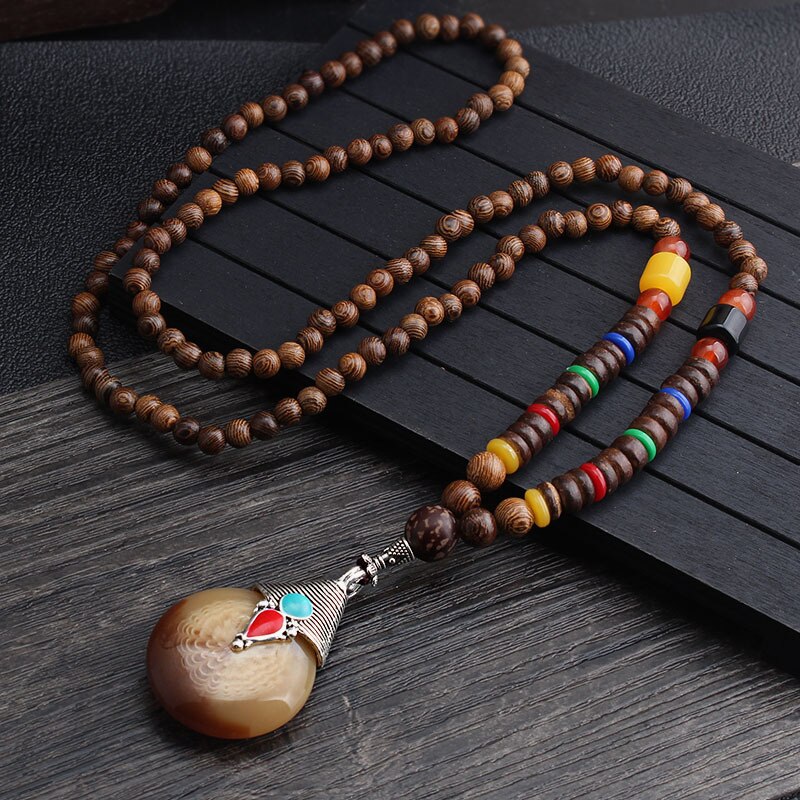 Collier unisexe fait à la main, bouddhiste du népal, pendentif de perles en bois de Mala, collier ethnique corne de poisson, Long bijoux pour hommes et femmes
