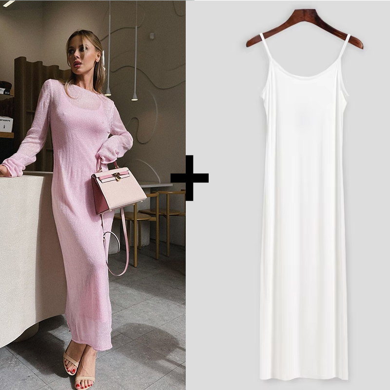 Forår efterår o-hals elastisk strik lange kjoler kvinder chic blød dame udhulende sweaterkjoler femme: Mørkegrå