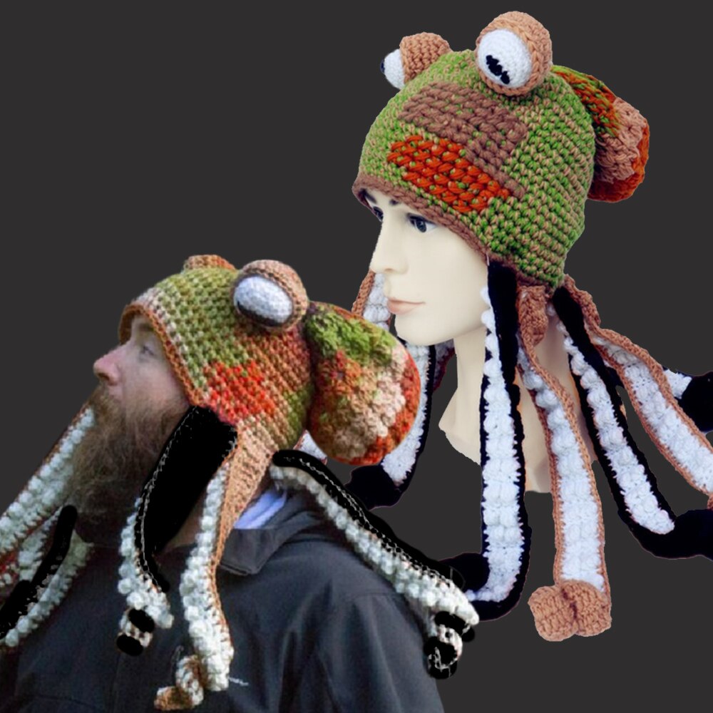 Knit Octopus Hats Beard Hand Weave Wool Christmas Cosplay Party Funny Tricky Headwear Warm Winter Men Hat Bonnet