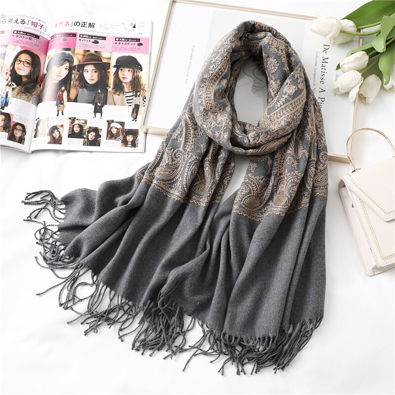 Luksusowy rękojeść kobiety zimowy szalik paszmina z kaszmiru damskie szale okłady Foulard solidny frędzel czeski ciepły Echarpe szaliki