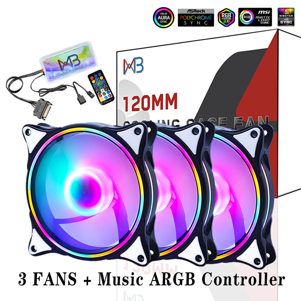 WOVIBO-Ventilador ARGB SYNC RGB de 120mm, Ventilador de refrigeración arcoíris, carcasa de ordenador, chasis, 5V, ajuste silencioso, 12cm Aura: 3Fans wish Music