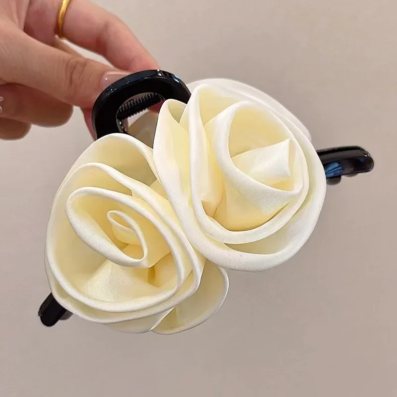 Pinzas en forma de garra para el pelo con flor de Rosa doble francesa para mujeres y niñas, accesorios para el pelo de tiburón hechos a mano de tela sólida satinada Vintage, nuevos: Lavanda